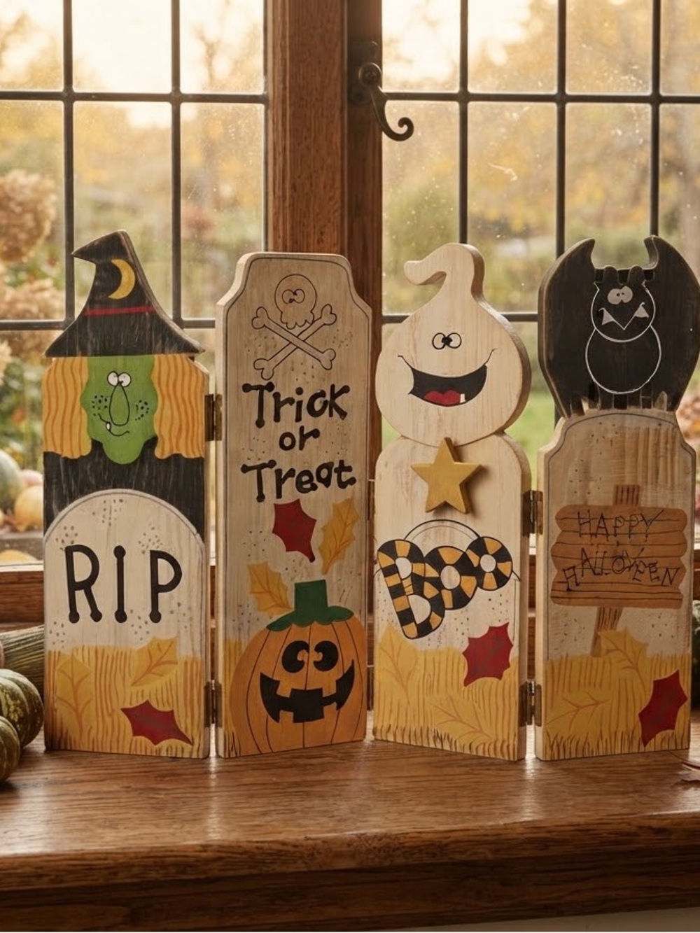 Vintage 90s Wooden Halloween Folding Screen Decor Spooky Folk Art
